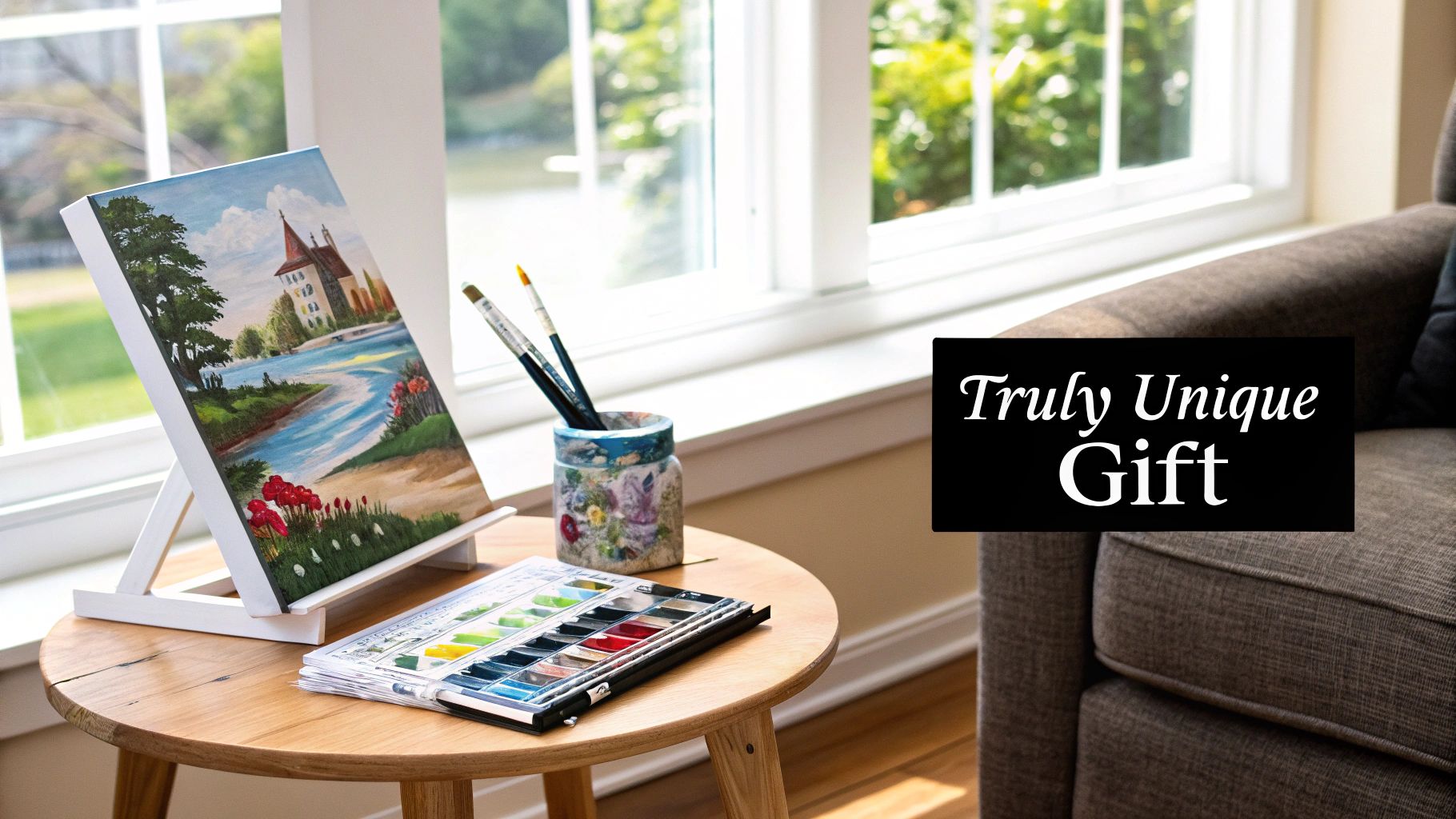A vibrant watercolor painting on an easel, surrounded by art supplies and a palette on a wooden table.