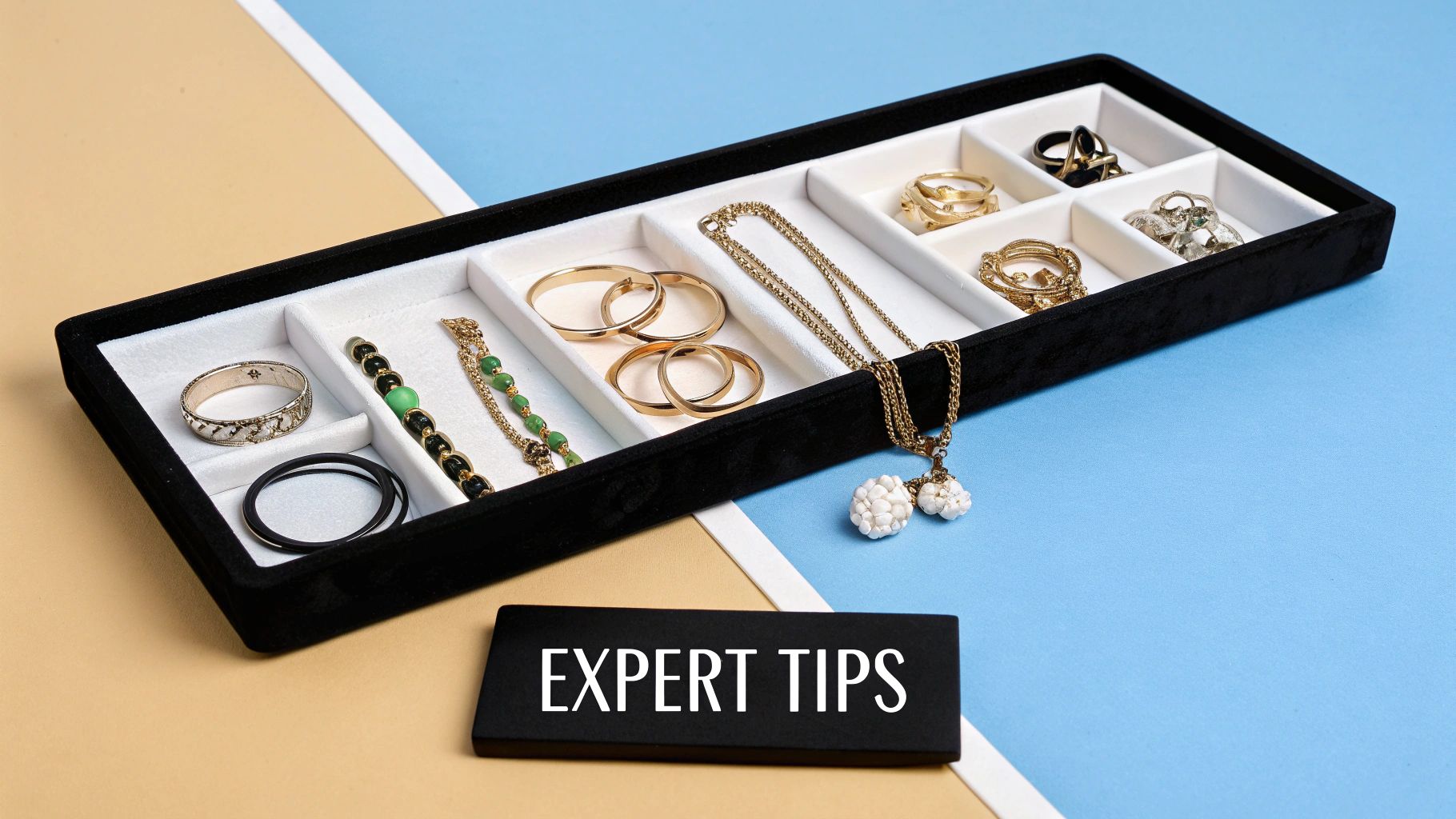 A person organizing their jewelry into a drawer with multiple compartments.