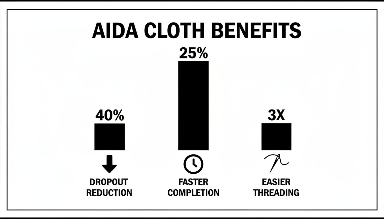 Infographic showing Aida cloth benefits: 40% dropout reduction, 25% faster completion, and 3x easier threading.