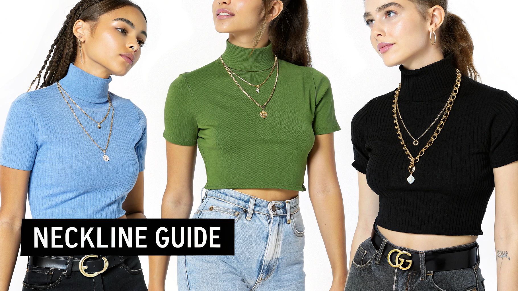 A woman with a thoughtful expression considering different necklace options