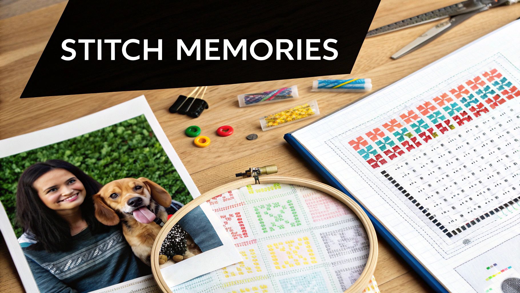 A flat lay of cross-stitching tools, colorful threads, a pattern, a hoop, and a photo on a wooden table, with "STITCH MEMORIES" text.