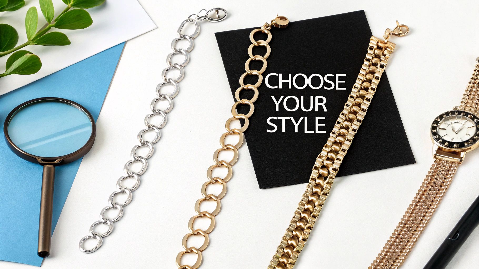 An overhead view of various metal bracelets, a gold watch, and a 'CHOOSE YOUR STYLE' card.