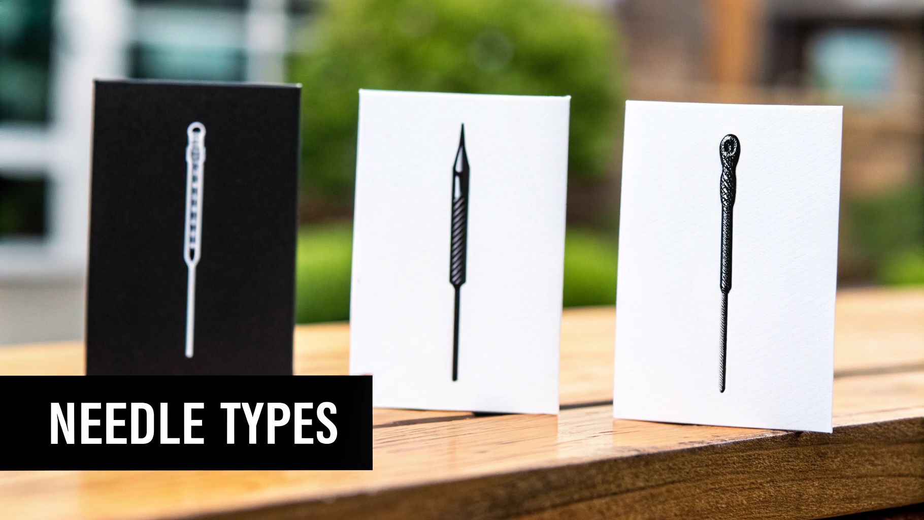 Three cards showcasing distinct needle types, including a hook, a pointed tip, and a blunt loop, on a wooden surface.