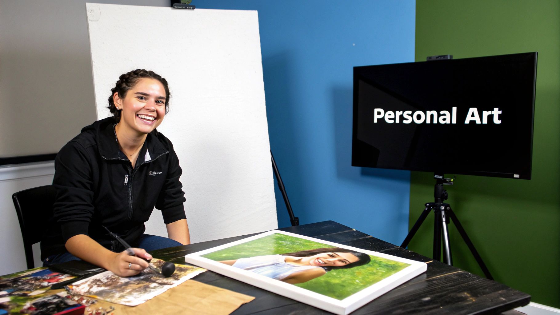 A person painting a custom paint-by-number canvas of their pet.