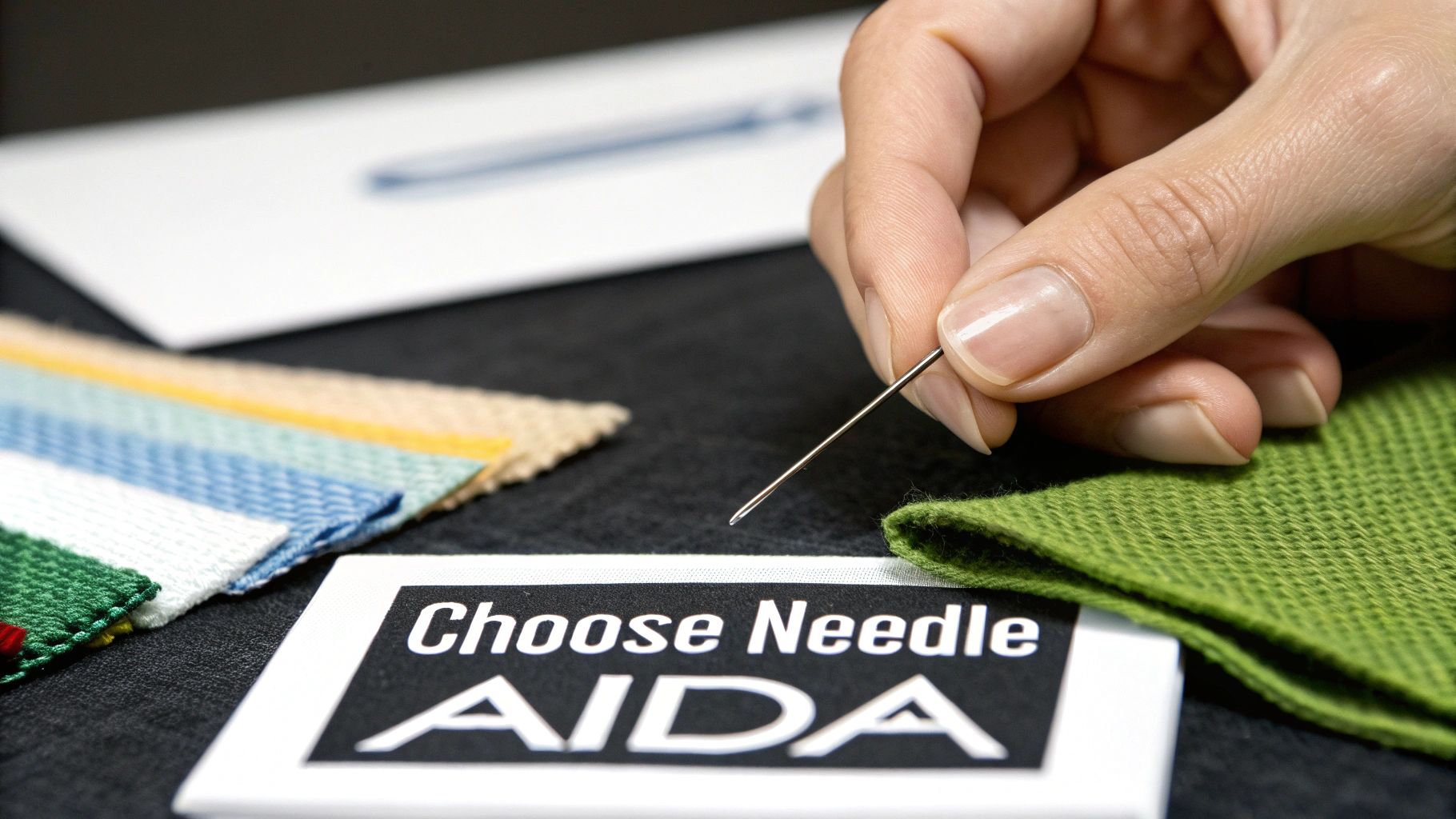 A close-up of a hand holding a needle above green fabric, with a 'Choose Needle AIDA' card visible.