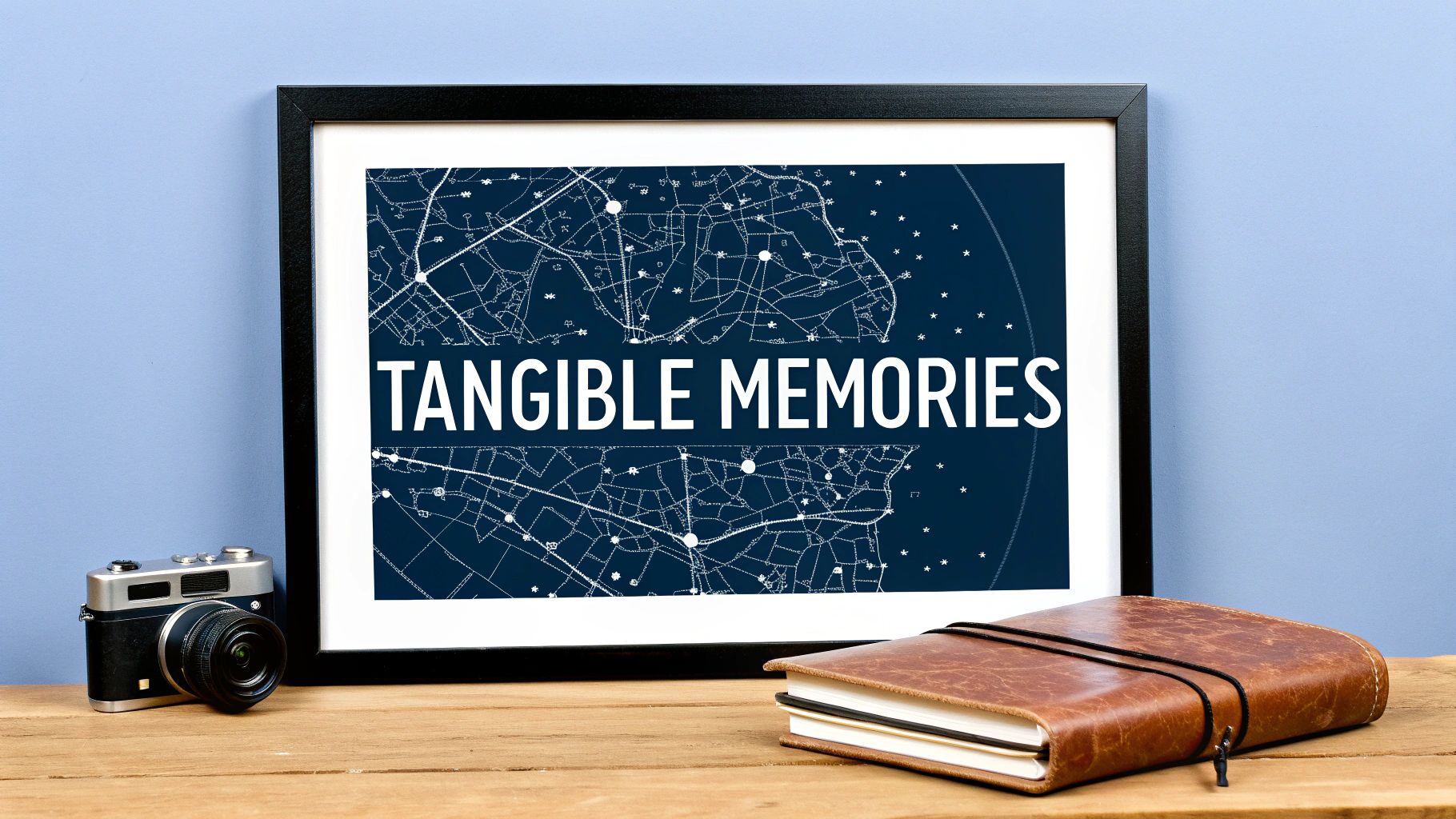 A framed map print with "TANGIBLE MEMORIES" text, a vintage camera, and a leather journal.