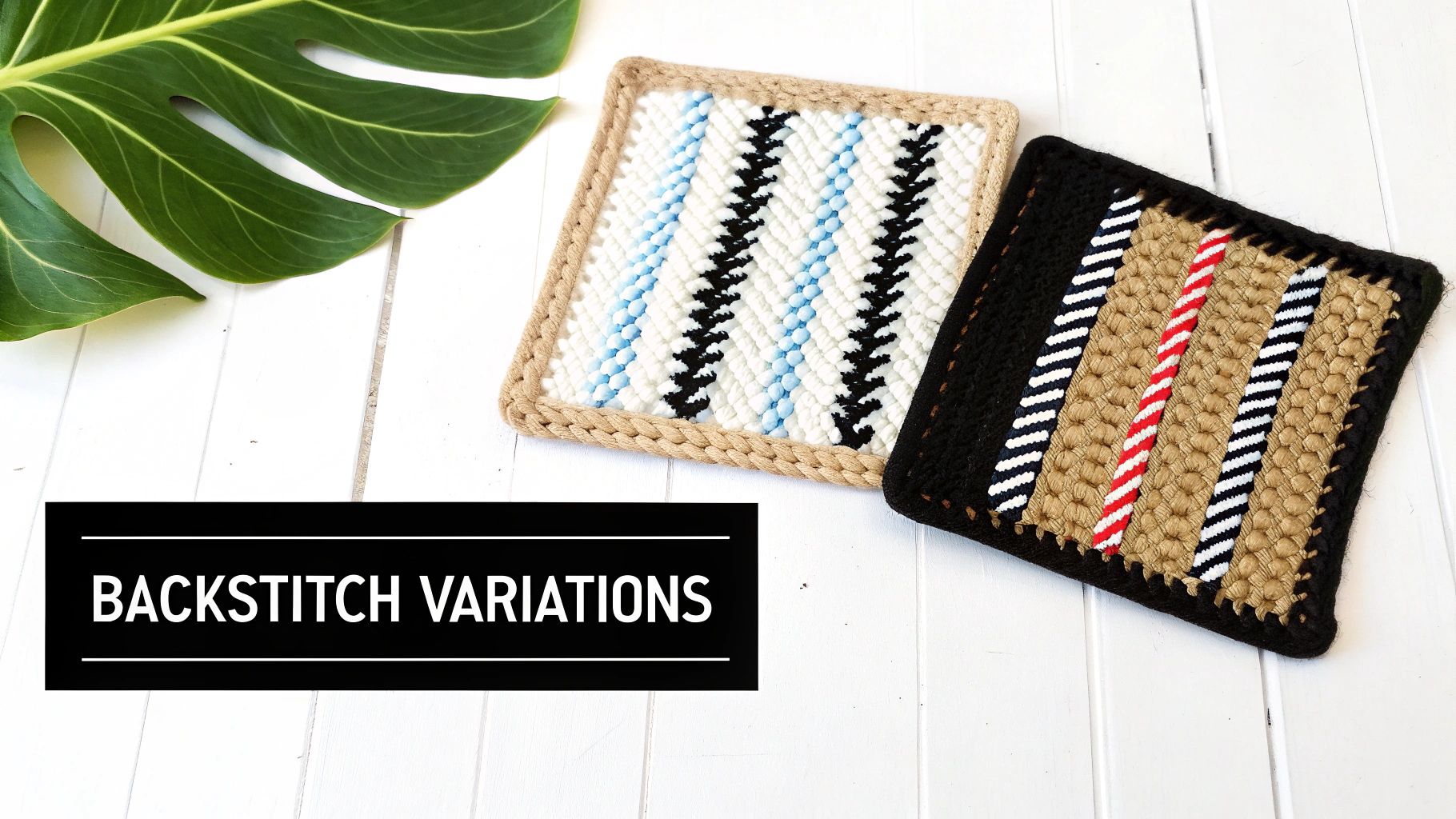 Two decorative square textiles demonstrating backstitch variations on a white wooden surface.