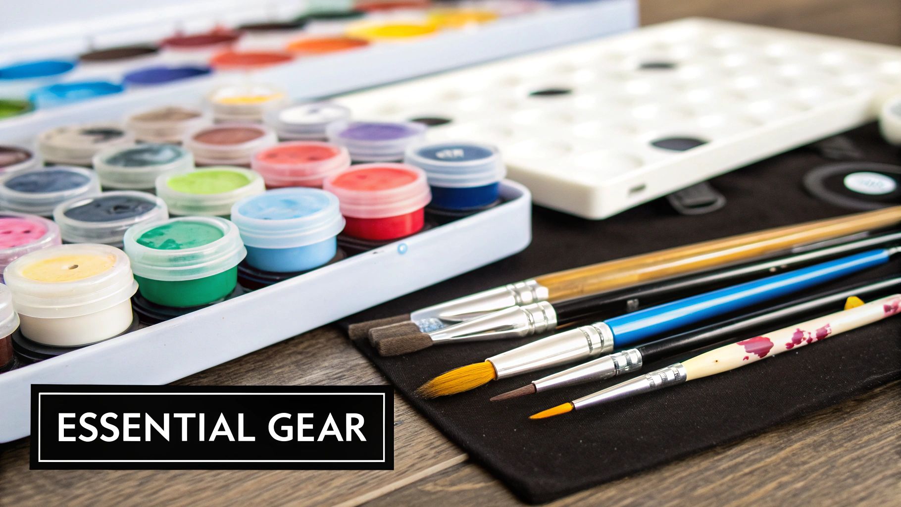 A well-organized desk with a paint-by-number canvas, paints, and brushes ready for a painting session.