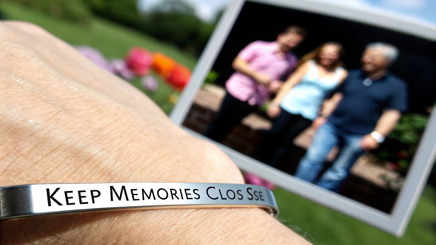 A person wears a silver bracelet engraved with 'Keep Memories Close', with a blurred photo in the background.