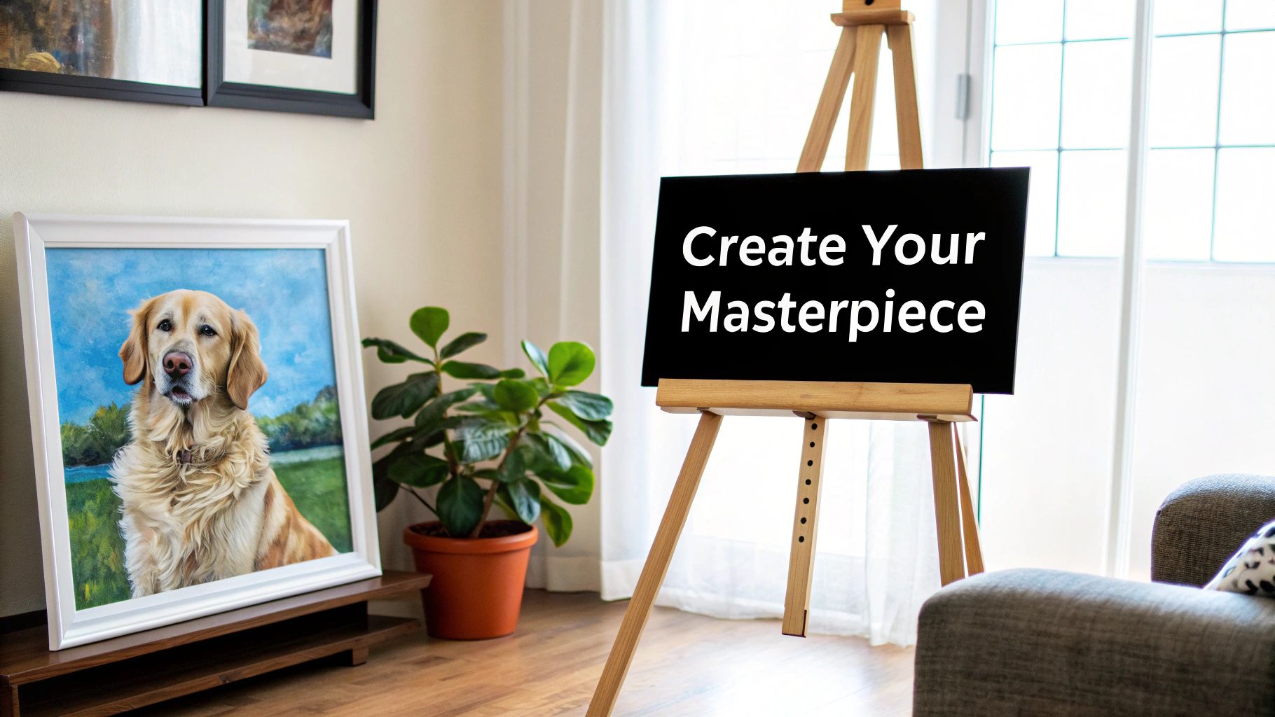 A finished custom paint-by-numbers canvas of a dog sitting on a colorful rug.