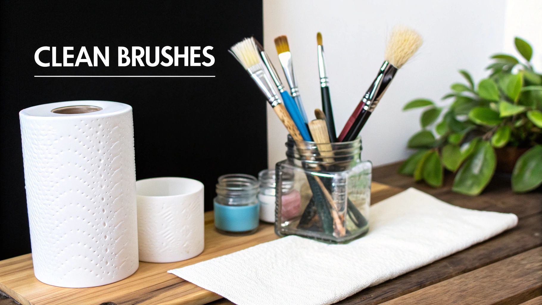A hand rinsing a paintbrush in a clear jar of water, showing how to properly clean brushes during a painting session.