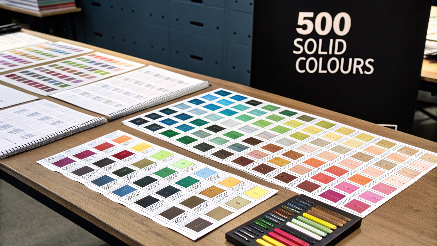 Various color charts, swatches, and color sticks displayed on a wooden table, with a '500 Solid Colours' sign.
