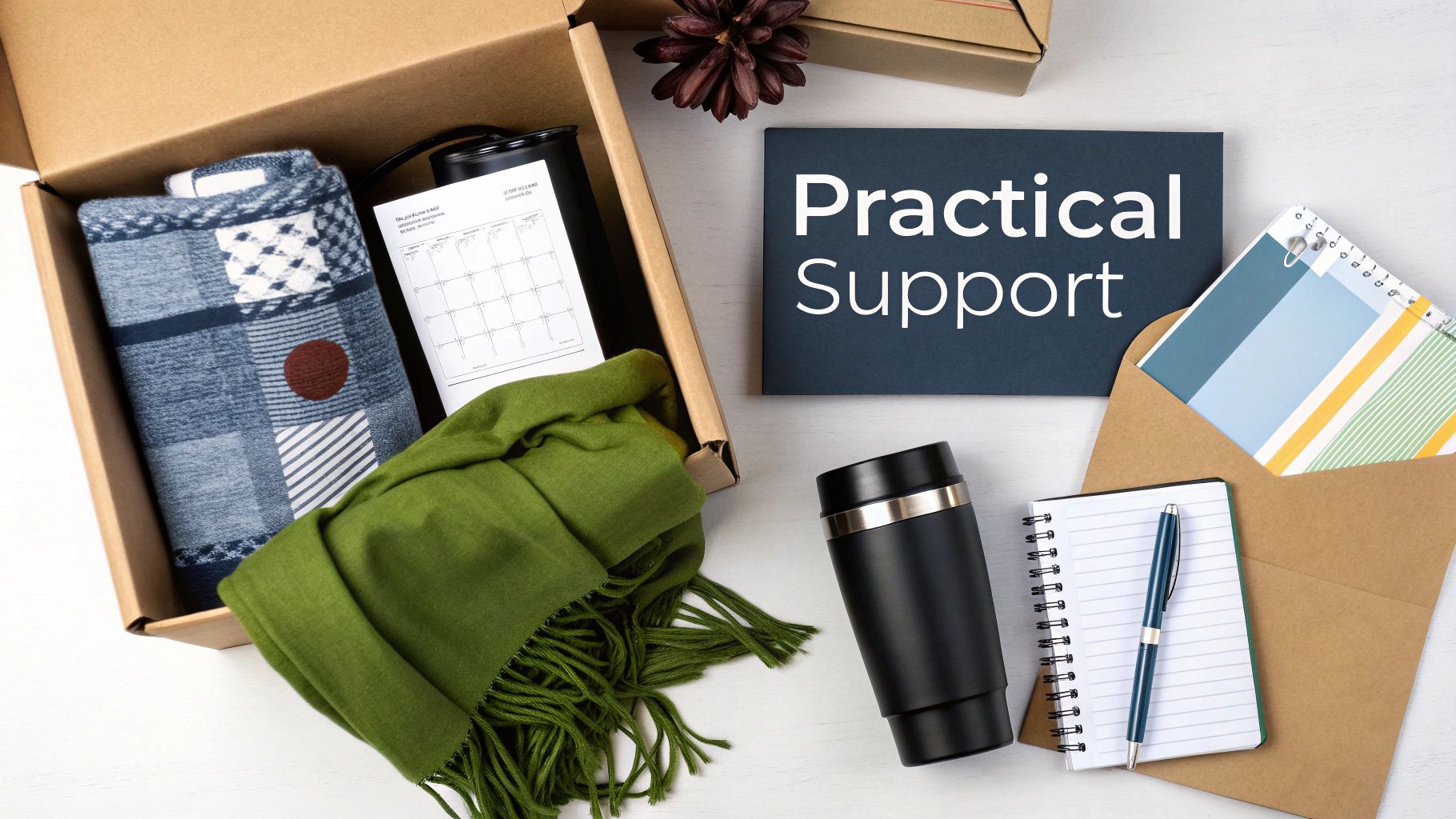 Overhead view of a gift box with a blanket, scarf, thermos, calendar, notebook, and 'Practical Support' card.