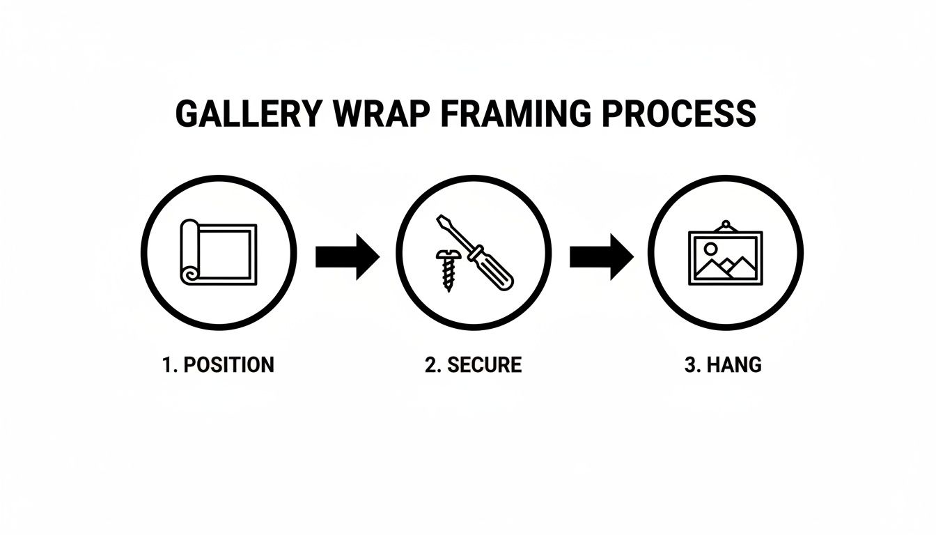 A diagram illustrates the three-step gallery wrap framing process: position canvas, secure with tools, and hang.