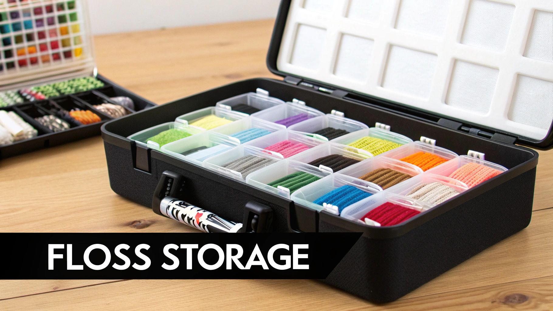 Black storage case with organized compartments holding colorful embroidery floss threads in rainbow arrangement