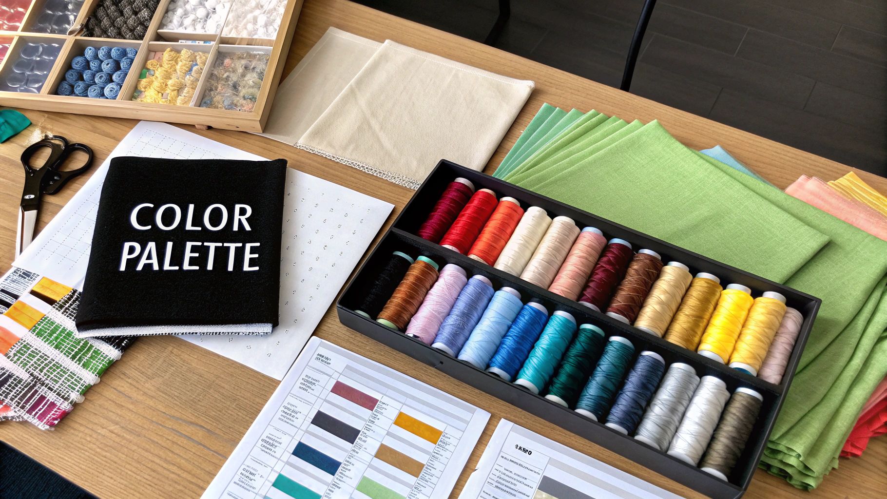 A close-up of different colored DMC threads fanned out, showing a wide palette.