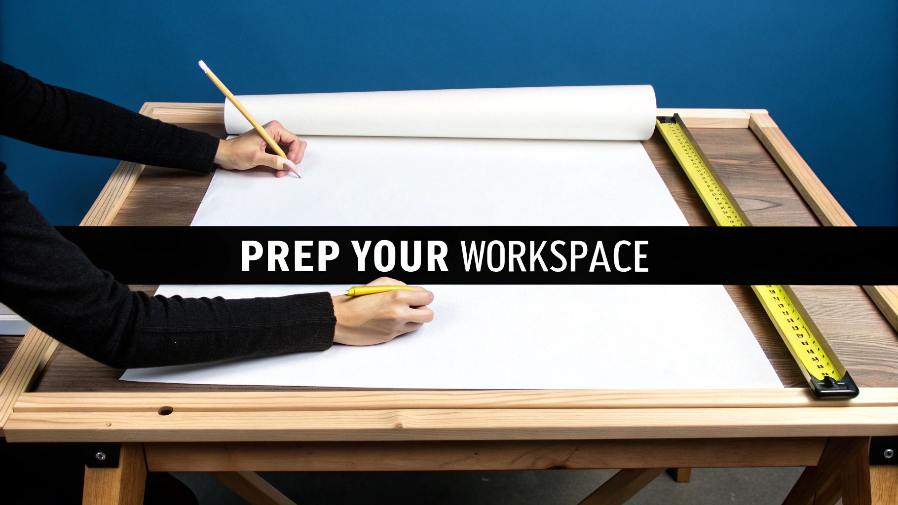 Hands preparing a workspace with drawing paper, pencils, and a ruler on a wooden table.