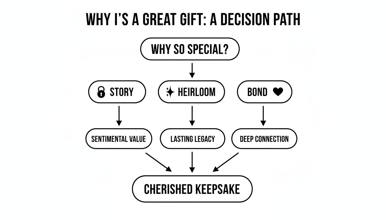 Decision path flowchart detailing reasons a gift becomes a cherished keepsake: story, heirloom, and bond.