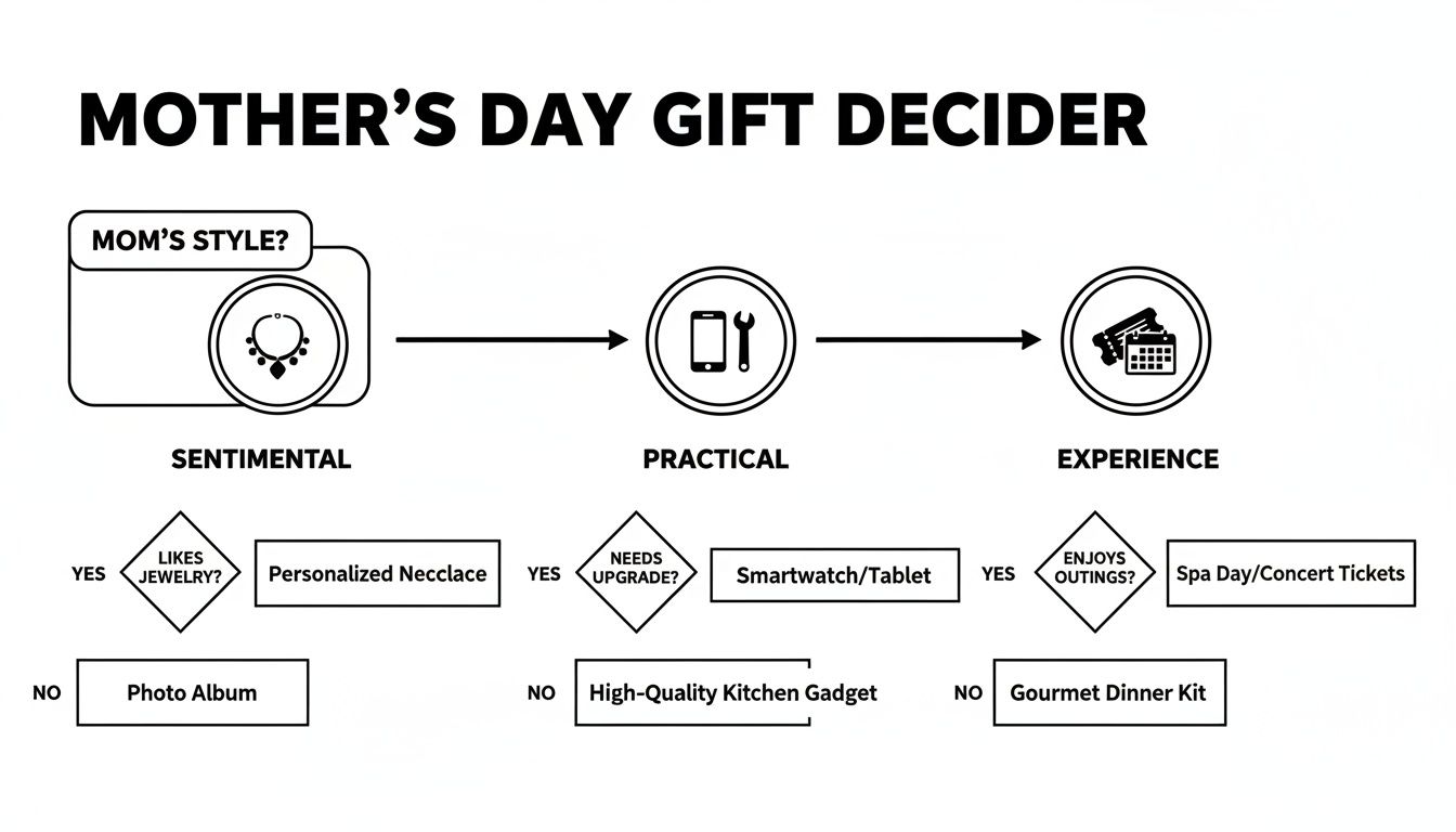 A Mother's Day gift decision flowchart with options for sentimental, practical, and experience-based gifts.