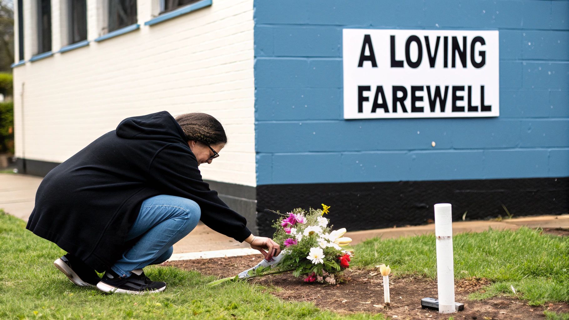 Person crouching to place flowers at memorial site with loving farewell sign on blue wall