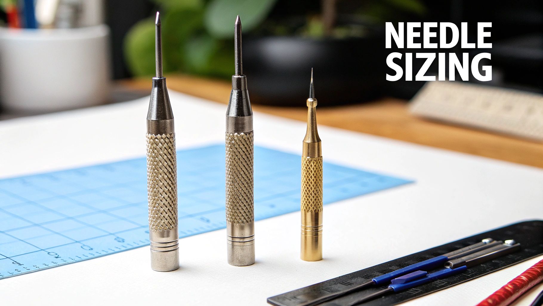 Three different sized needles or awls with textured handles stand on a white surface, illustrating needle sizing.