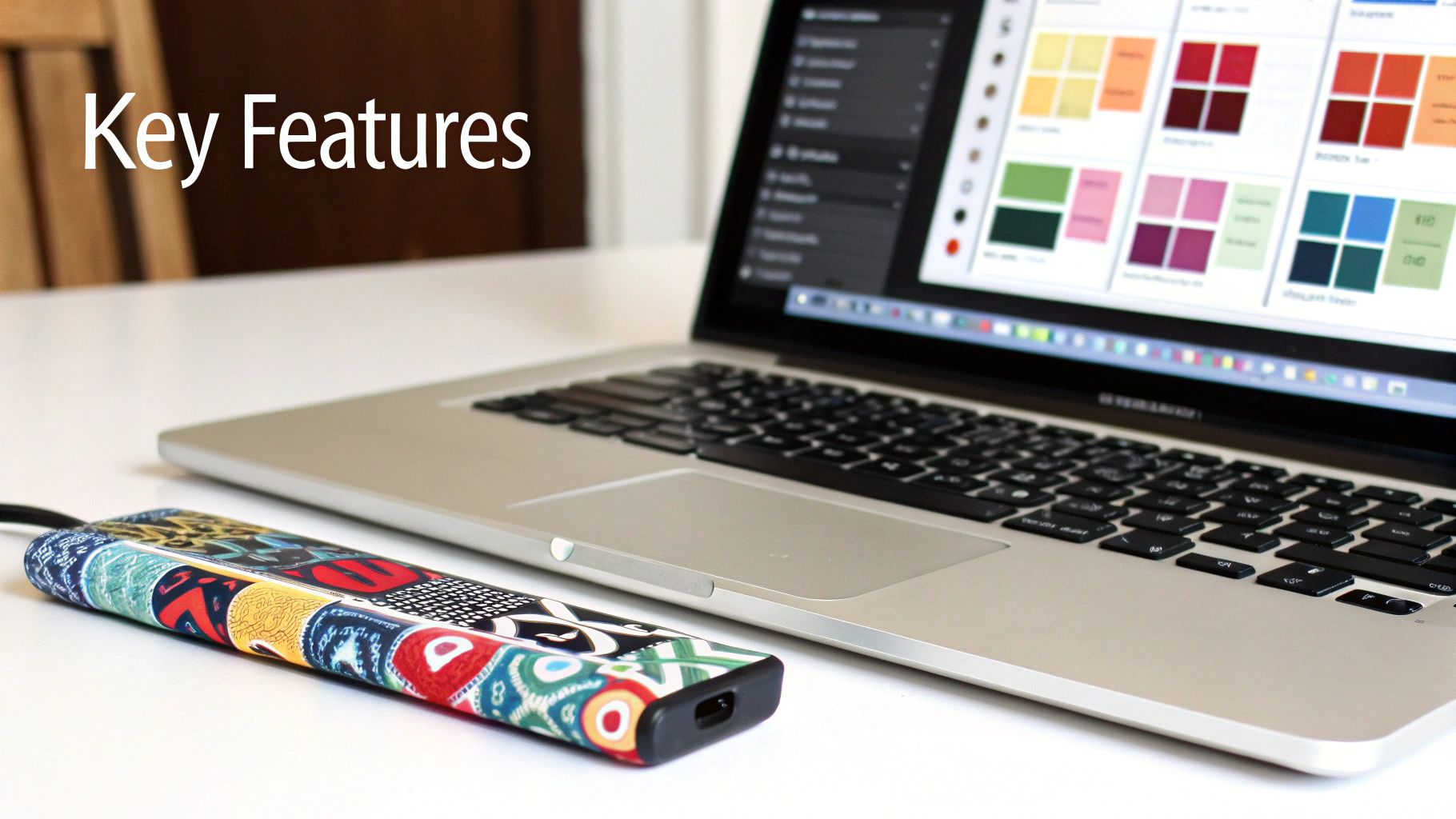 A detailed cross stitch pattern chart with colorful symbols on a tablet screen.