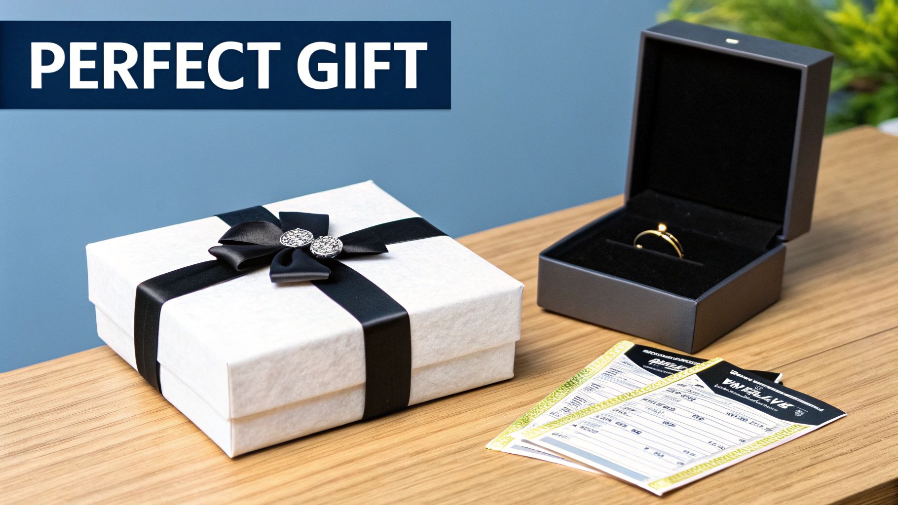 White gift box, open jewelry box with gold ring, and documents, with 'PERFECT GIFT' text.