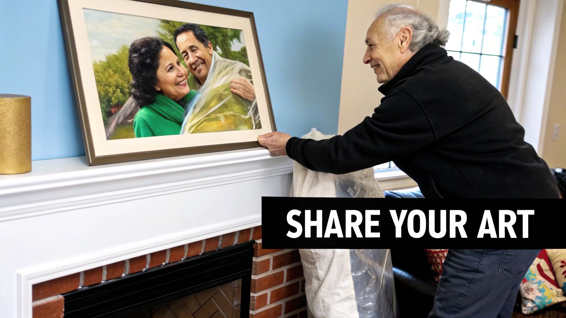 An older man smiles while adjusting a framed painting of a happy couple on a white mantelpiece.