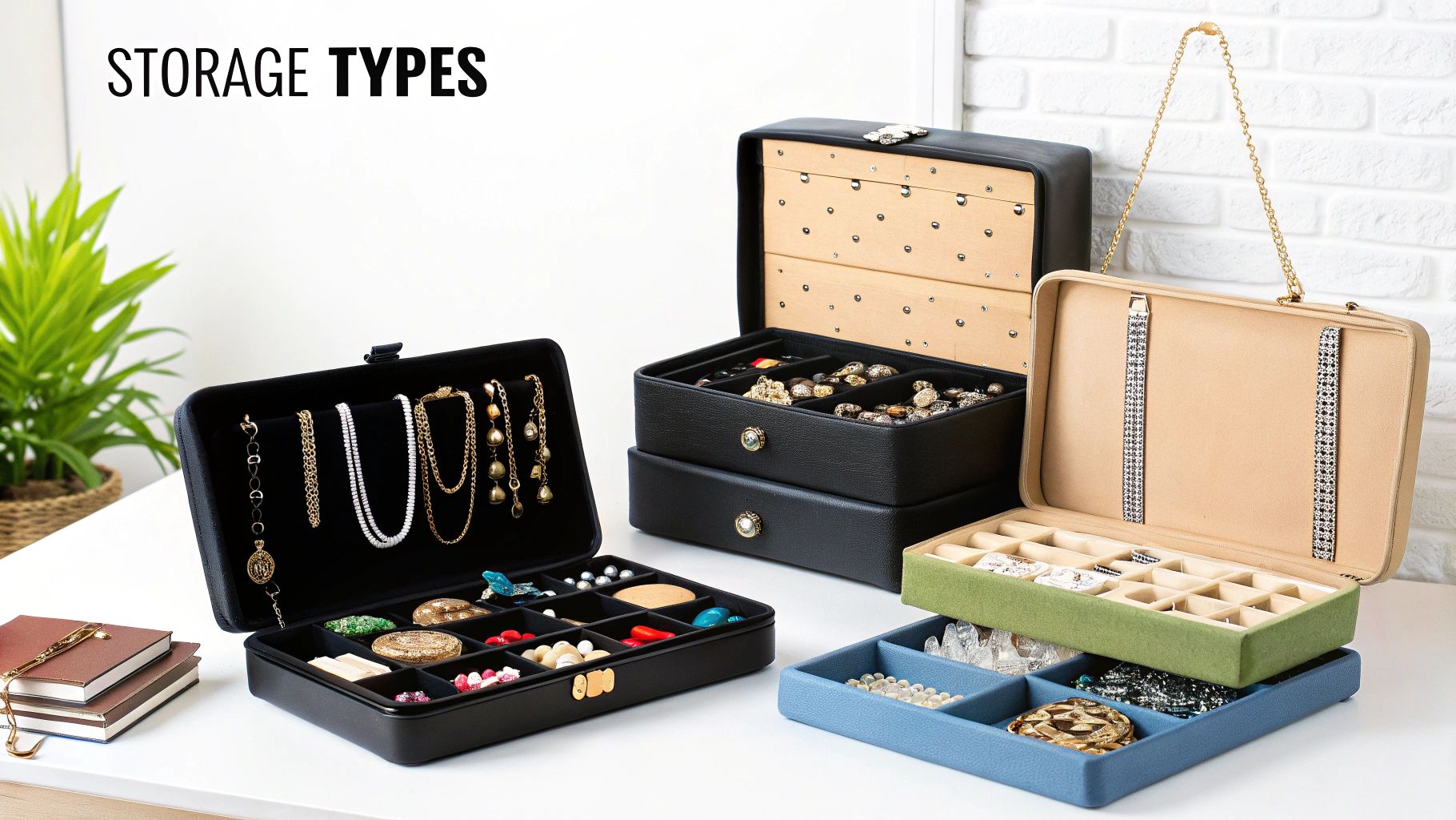 An assortment of jewelry organized in stackable trays, showcasing rings, bracelets, and necklaces.