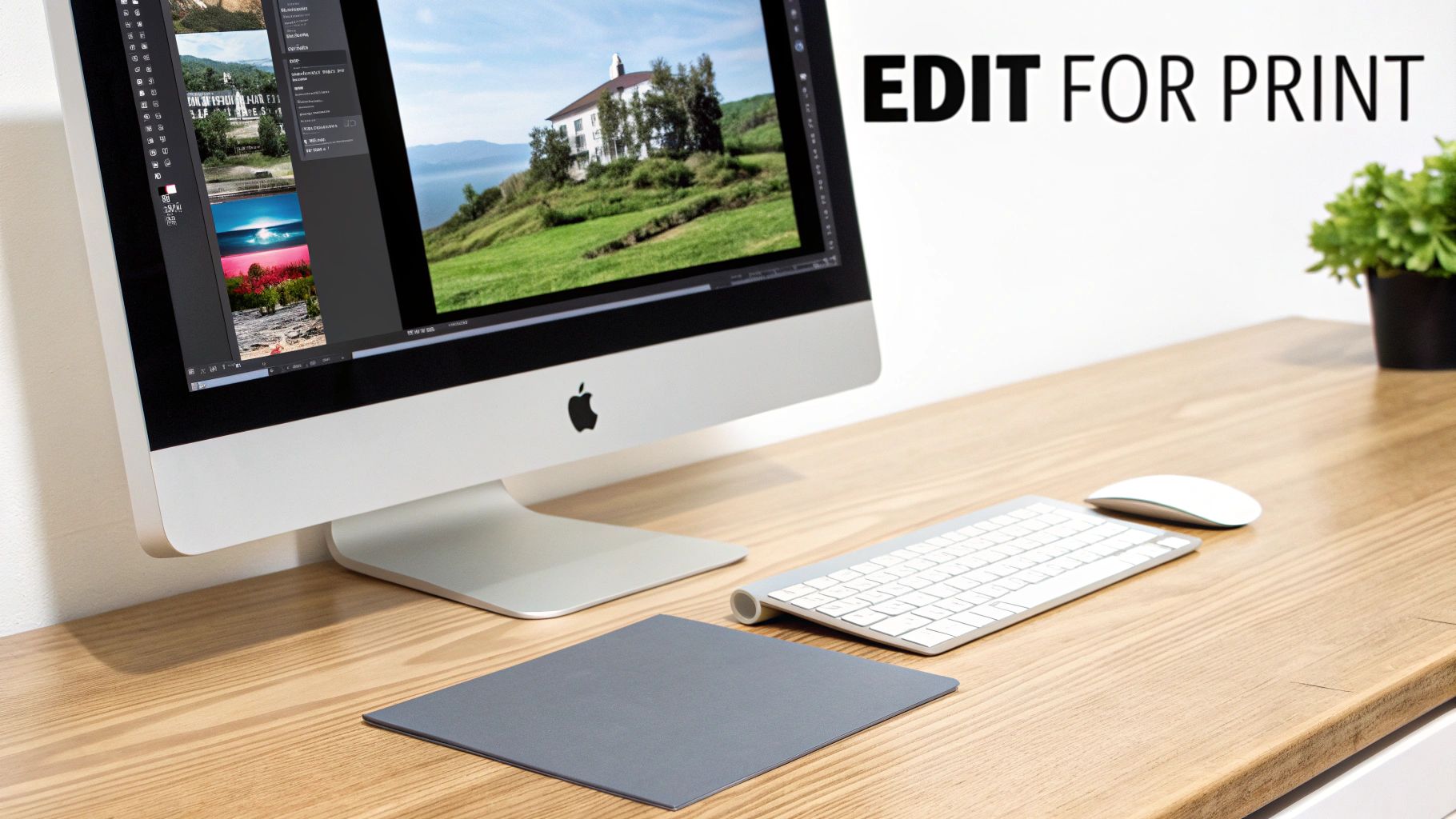 An artist editing a photograph of their artwork on a large computer monitor in a creative studio.