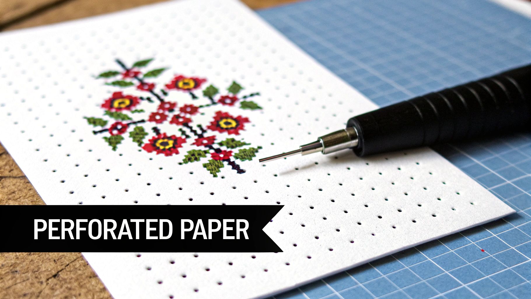 White perforated paper displays a colorful cross-stitch floral design, with a fine-tipped craft tool nearby.