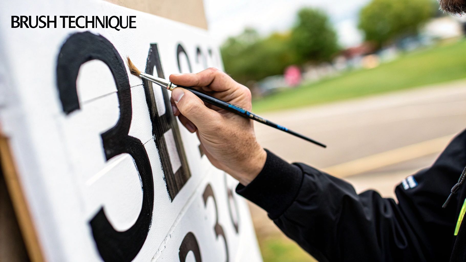 A person holding a fine-tipped brush carefully painting a small, detailed section of a paint-by-numbers canvas.
