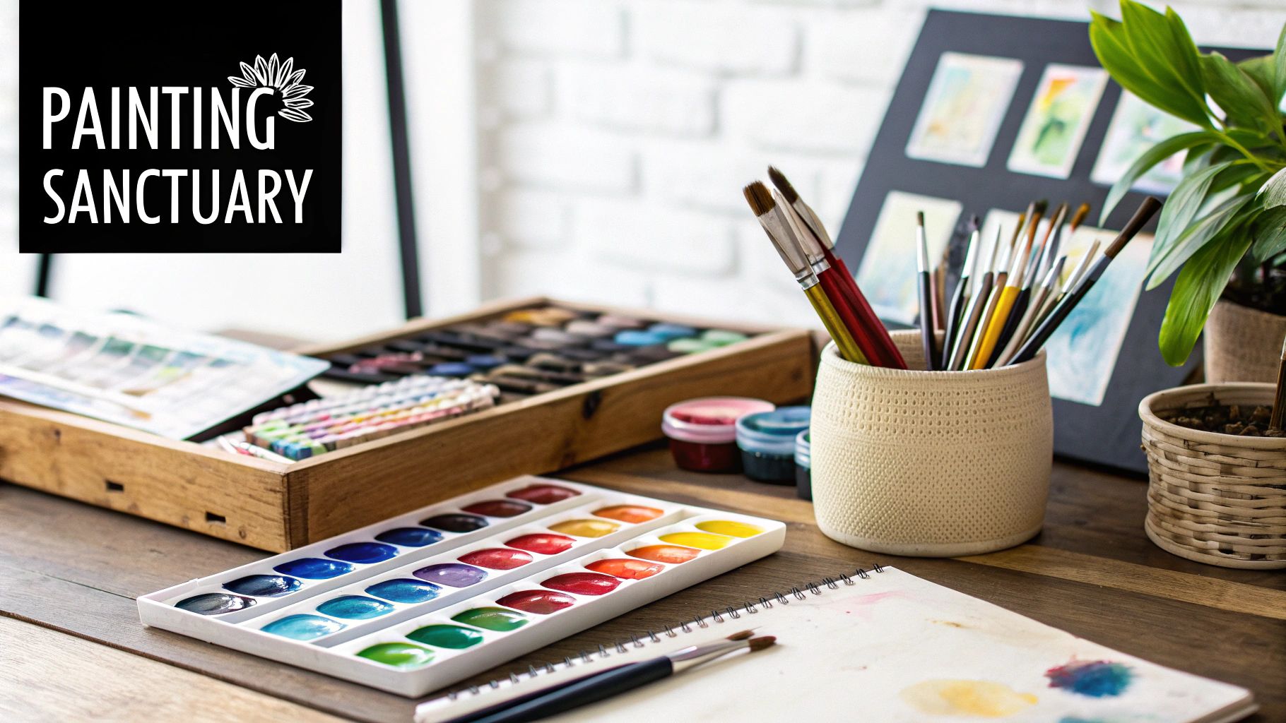 A well-organized desk set up for a paint by number project, with good lighting, a cup of water, and organized paints.
