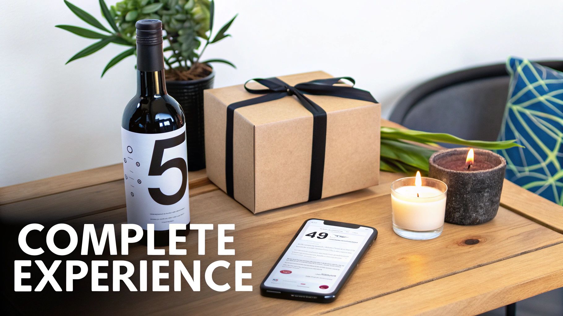 A complete experience gift set featuring wine, a gift box, candles, and a smartphone on a wooden table.