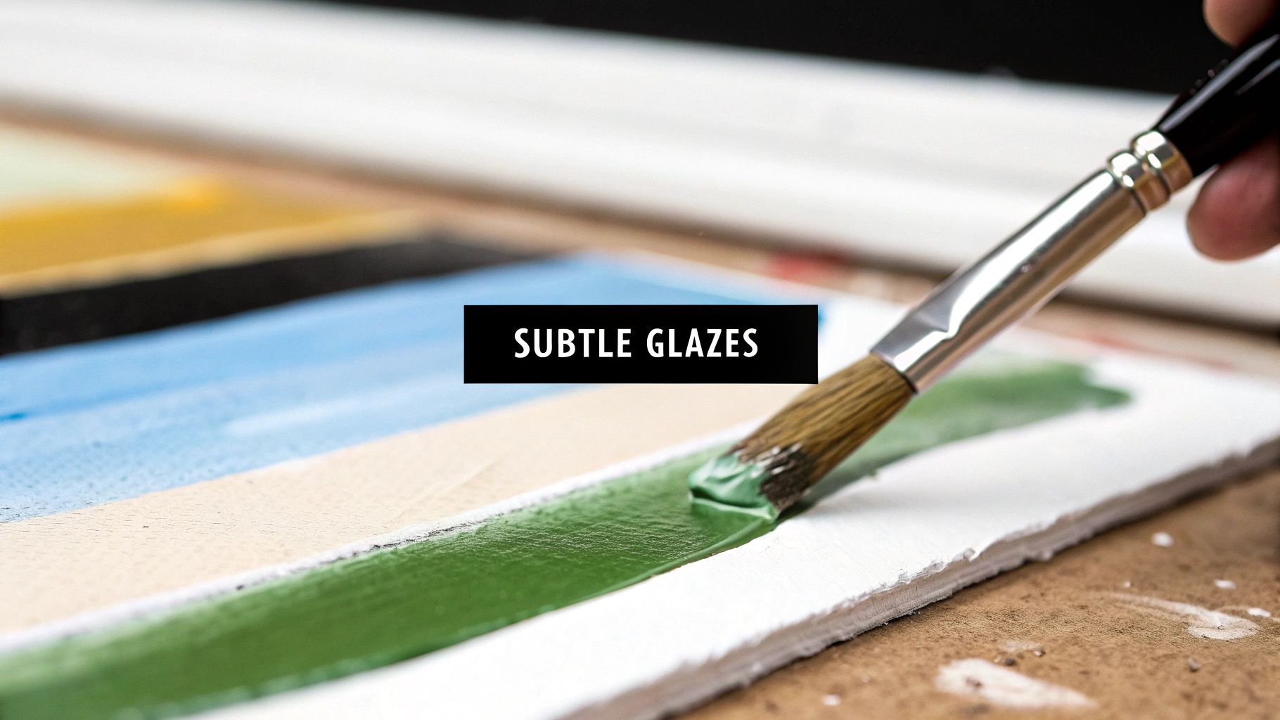 A paintbrush applies subtle green glazes to a white canvas, part of a colorful painting.
