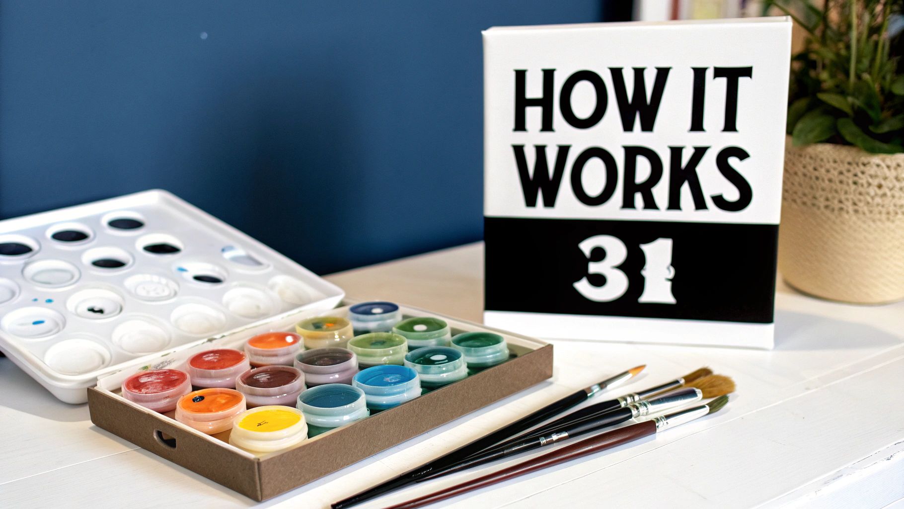 A person carefully painting a small numbered section of a paint by numbers canvas with a fine brush.