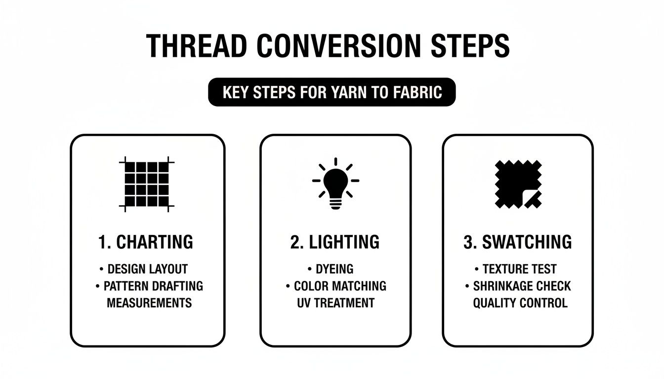 Diagram illustrating three key steps for yarn to fabric conversion: Charting, Lighting, and Swatching.