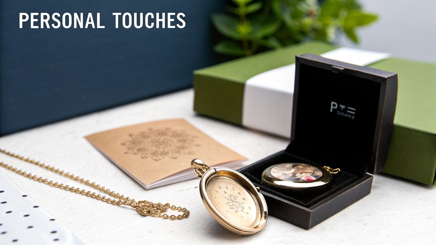 Two golden oval lockets, one open with an engraving, the other with a picture in a gift box, symbolizing personal touches.