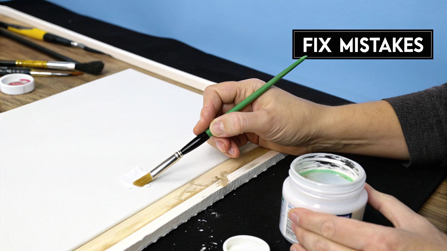 A close-up of a person using a fine-tipped brush to carefully correct a small mistake on a colorful paint by numbers canvas.