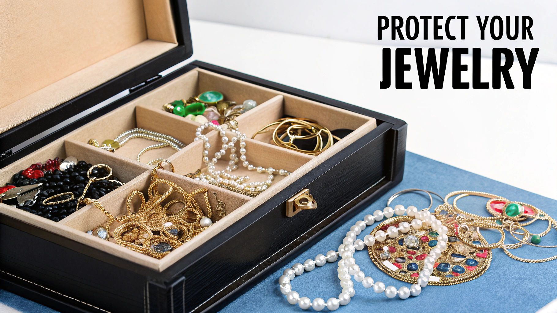 A beautifully organized jewelry box with various compartments for rings, necklaces, and earrings.