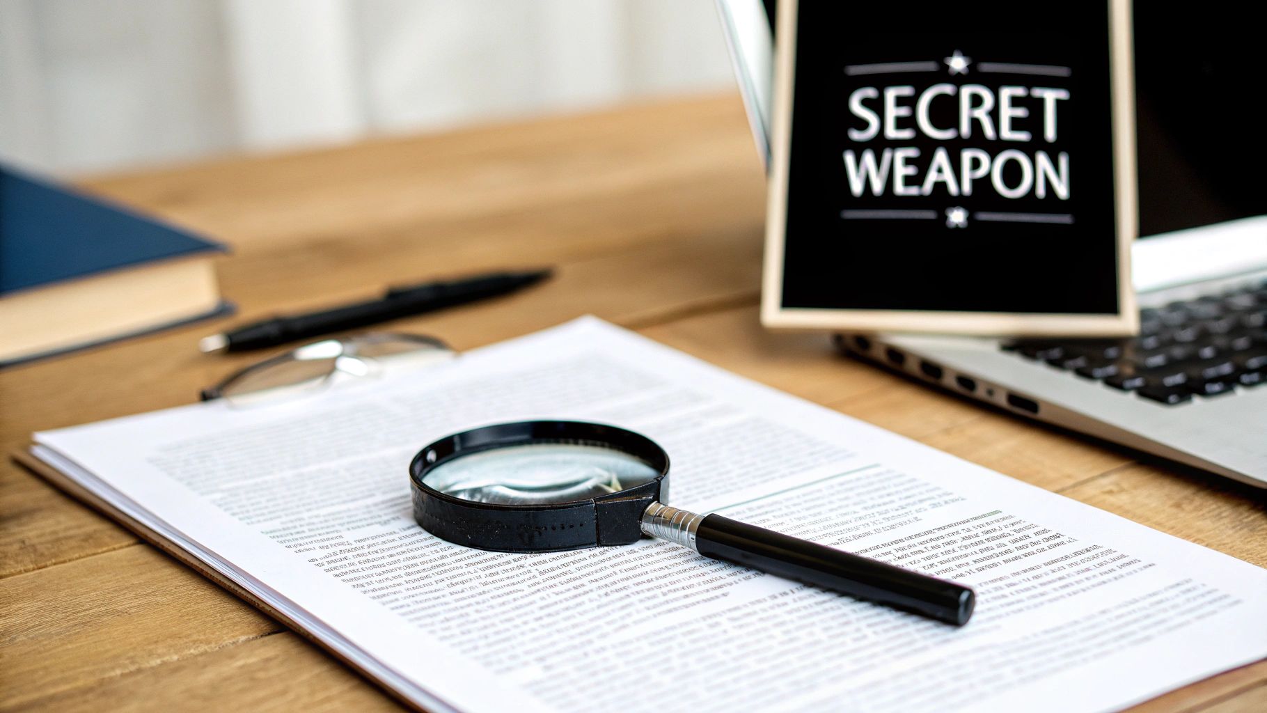 A wooden desk with a magnifying glass on a document, pen, glasses, book, and laptop showing 'SECRET WEAPON'.