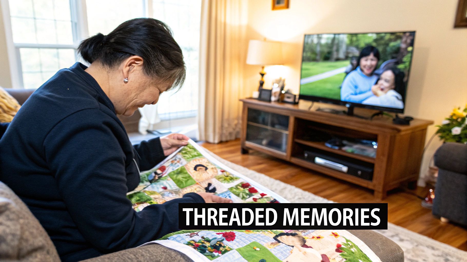 A finished cross stitch project based on a photo of a woman holding a cat