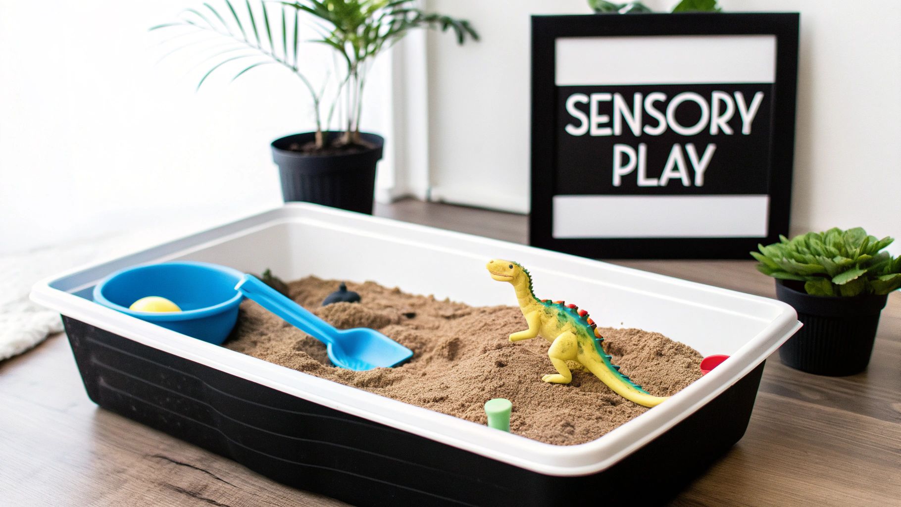 A sensory play bin filled with kinetic sand, a dinosaur toy, and various play tools.