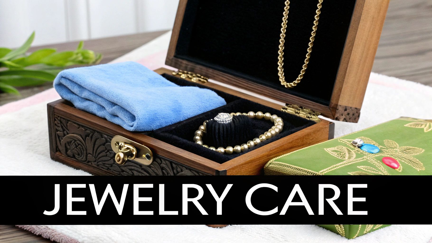 An open wooden jewelry box with a pearl bracelet, gold chain, and blue cleaning cloth for jewelry care.
