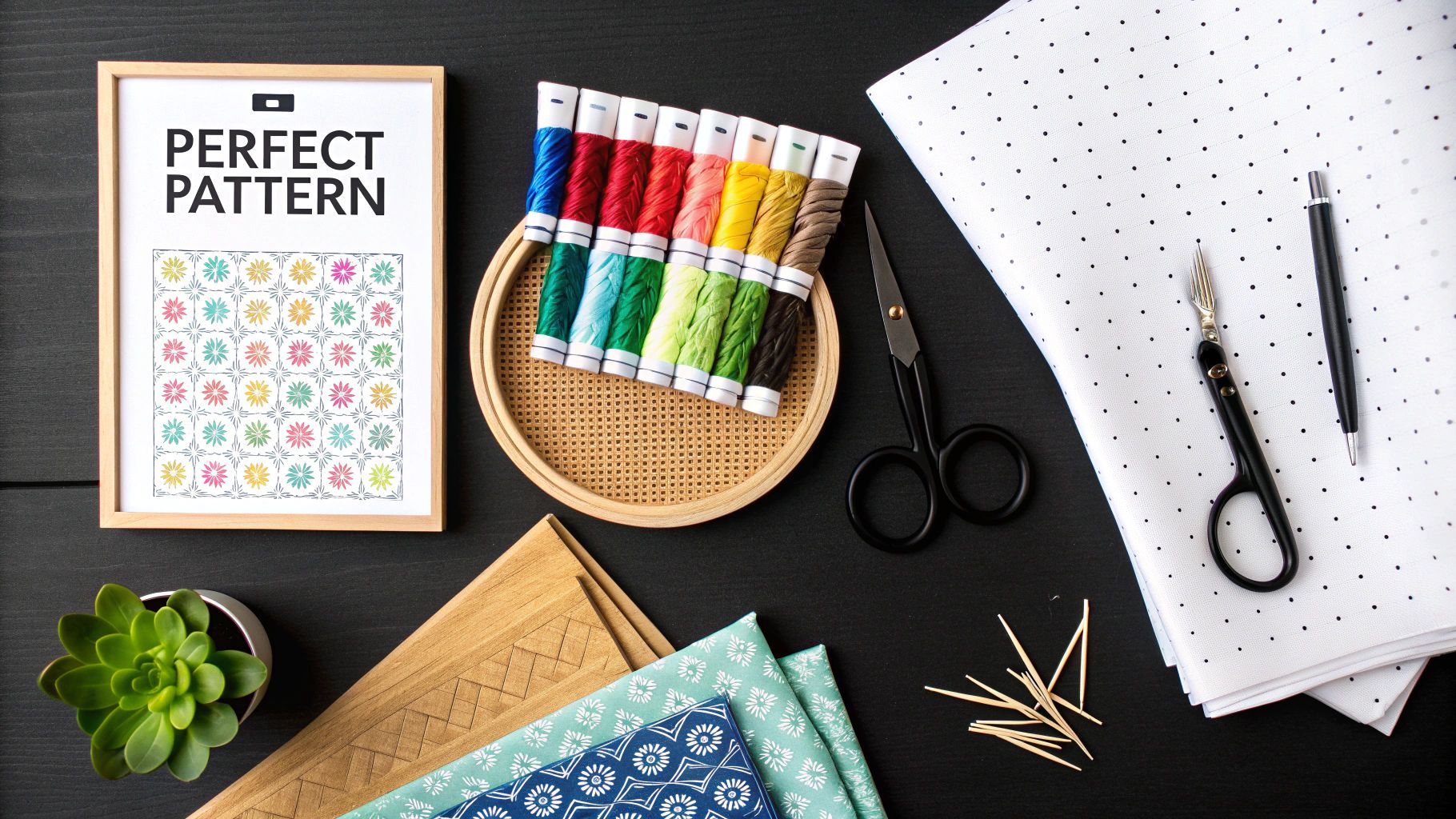 A collection of colorful embroidery floss, Aida cloth, and a wooden embroidery hoop arranged on a table.