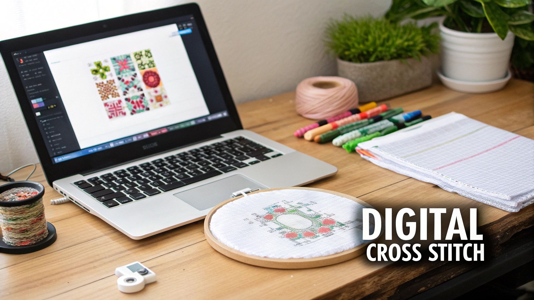 A desk with a laptop displaying digital cross-stitch patterns, an embroidered hoop, threads, and markers.