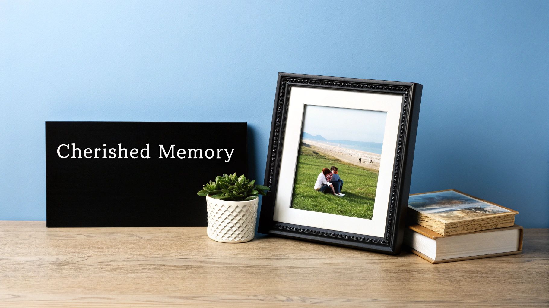 Framed photo of couple on grass beside cherished memory sign and small plant on wooden table