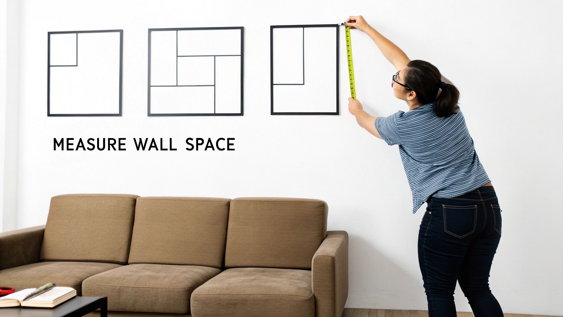 A woman measures wall space with a yellow tape measure above a brown sofa and framed art.