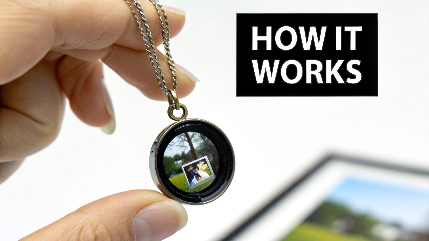 A hand holds a circular locket necklace, revealing a tiny photo of a couple inside. 'HOW IT WORKS' text.