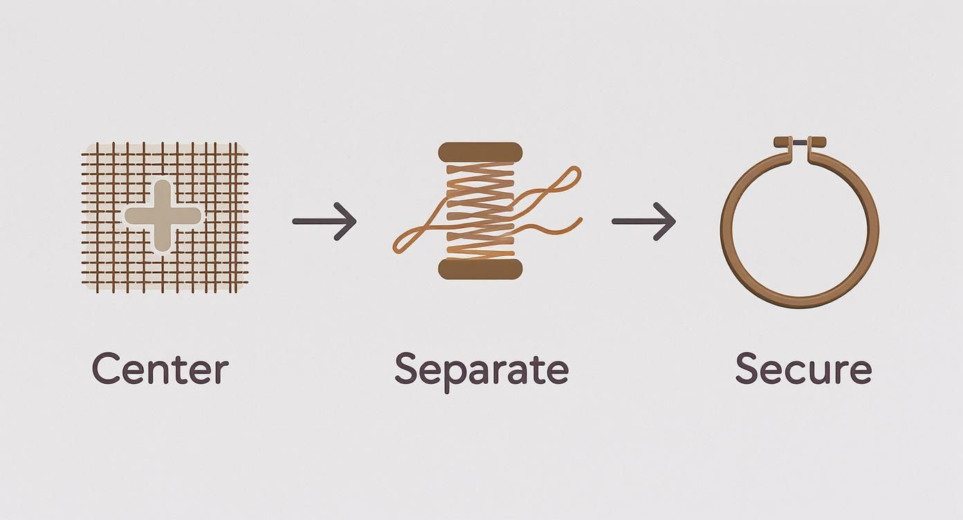 Infographic showing the cross stitch preparation process: find the center, separate the floss, and secure the fabric in a hoop.